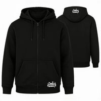 Bubensahne Zipper in Schwarz, Vorder- und Rückseite mit weißem Splash